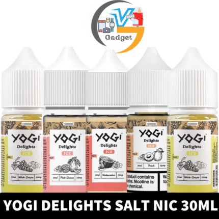 a group of bottles with labels of YOGI Delights Salt Nicotine 30ml Vape Juice